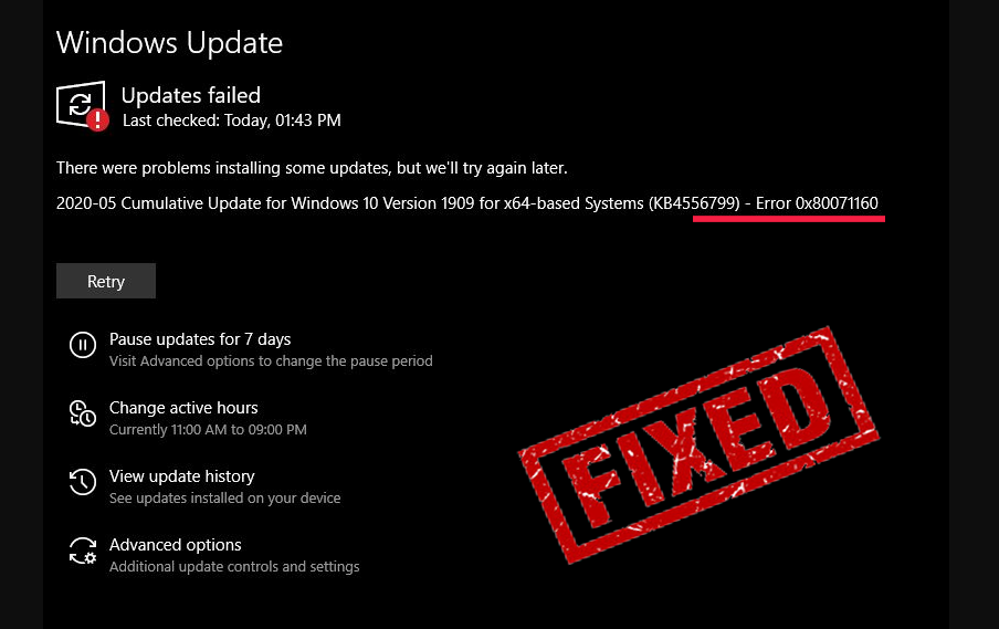 Windows 10 Bijwerken fout 0x80071160